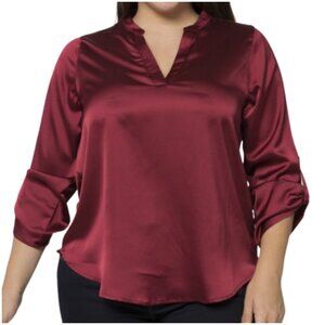 Wine-colored Satin Blouse with V-Neckline – Plus Sizes